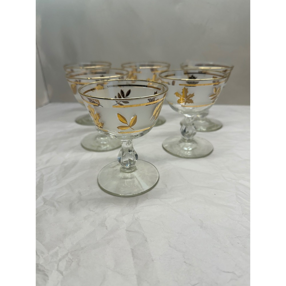 Libbey Golden Foliage Frosted Cocktail Glasses Set of 6 Gold Leaf MCM Coupe